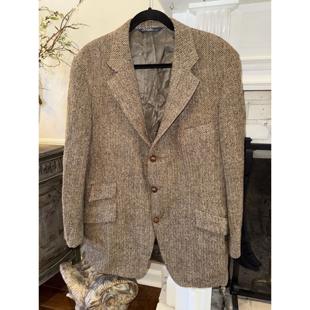 Vintage POLO Ralph Lauren Men’s Tweed Wool Jacket Suede Patch Throat Latch 42 44